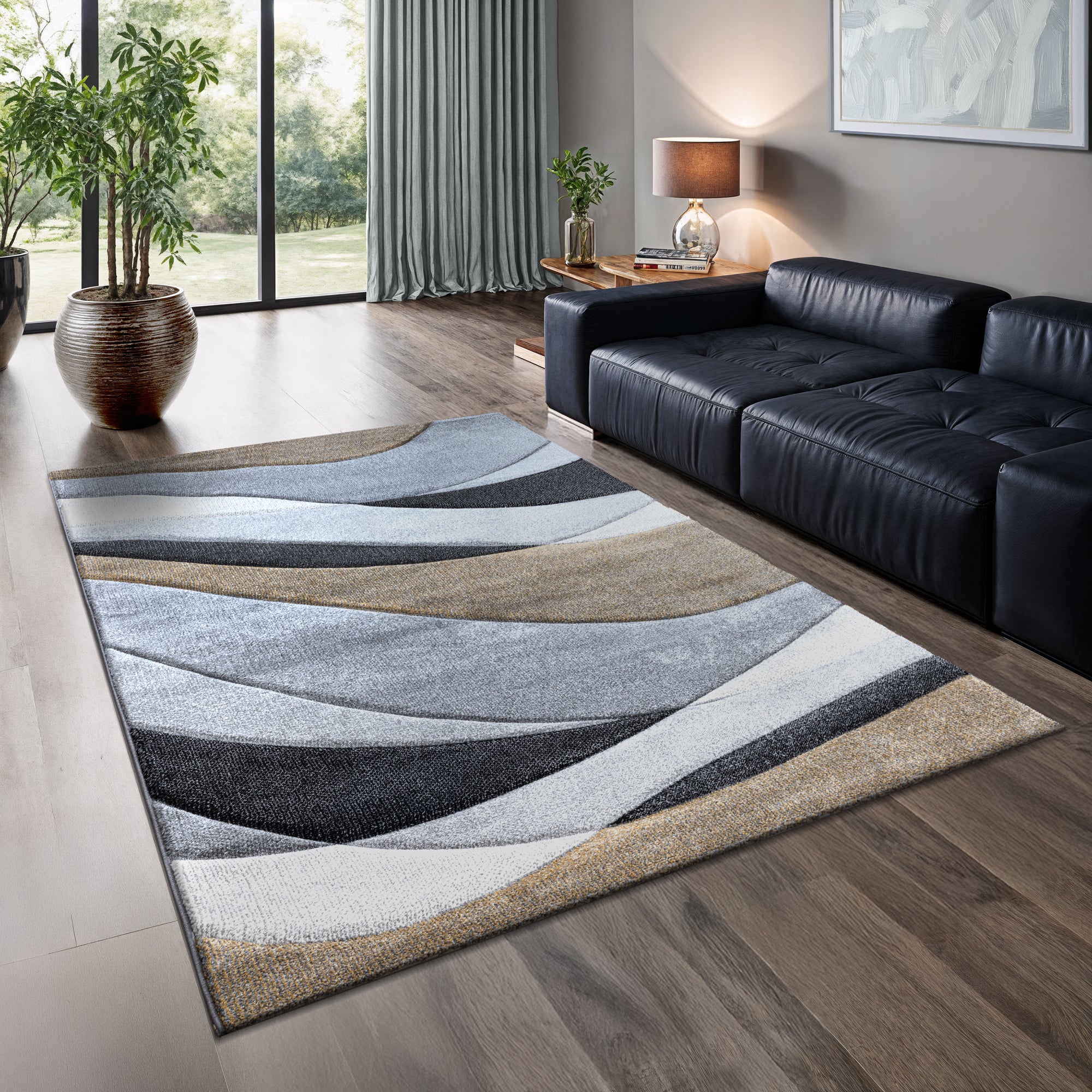 Modern Rug Pattern Gray Trendy Grey & Gold Wave Pattern Rug – Modern Abstract Design – Rug N Roll